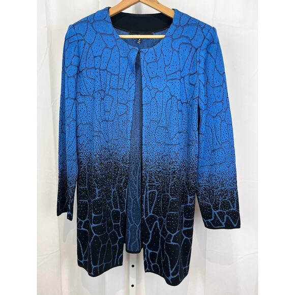 MING WANG Patterned Knit Tunic Jacket Sweater Ombre Jacquard Blue Black Size M - Picture 1 of 8